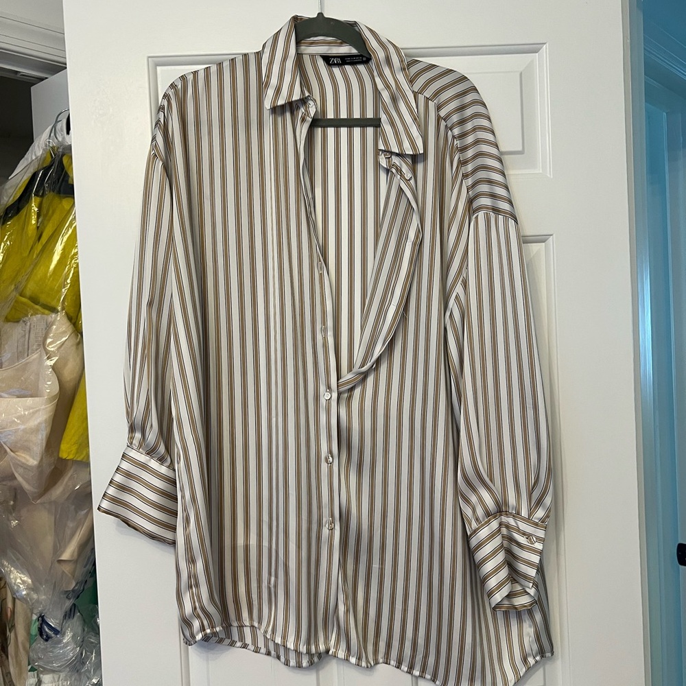 Zara Oversized Striped Button-Down Shirt in White and Brown